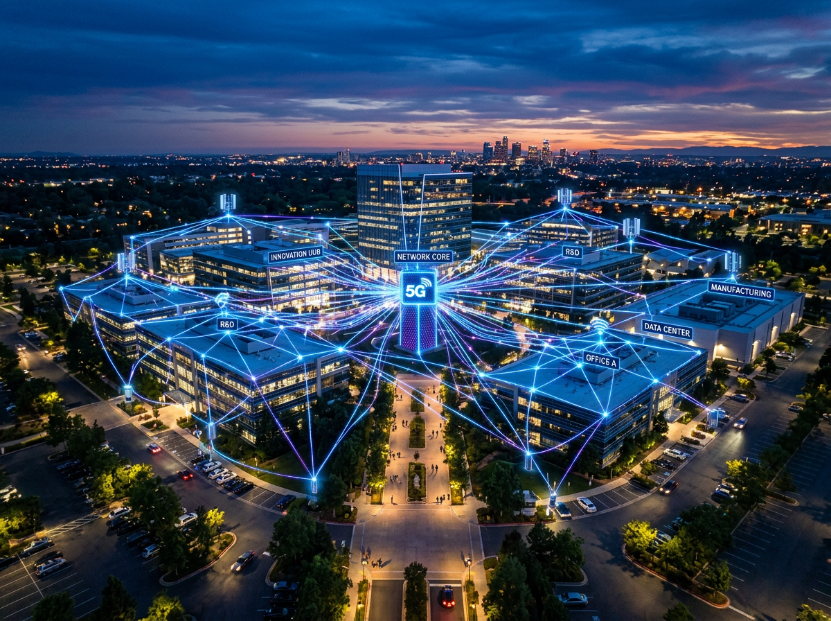 Office park with digital private 5G network connections linking buildings